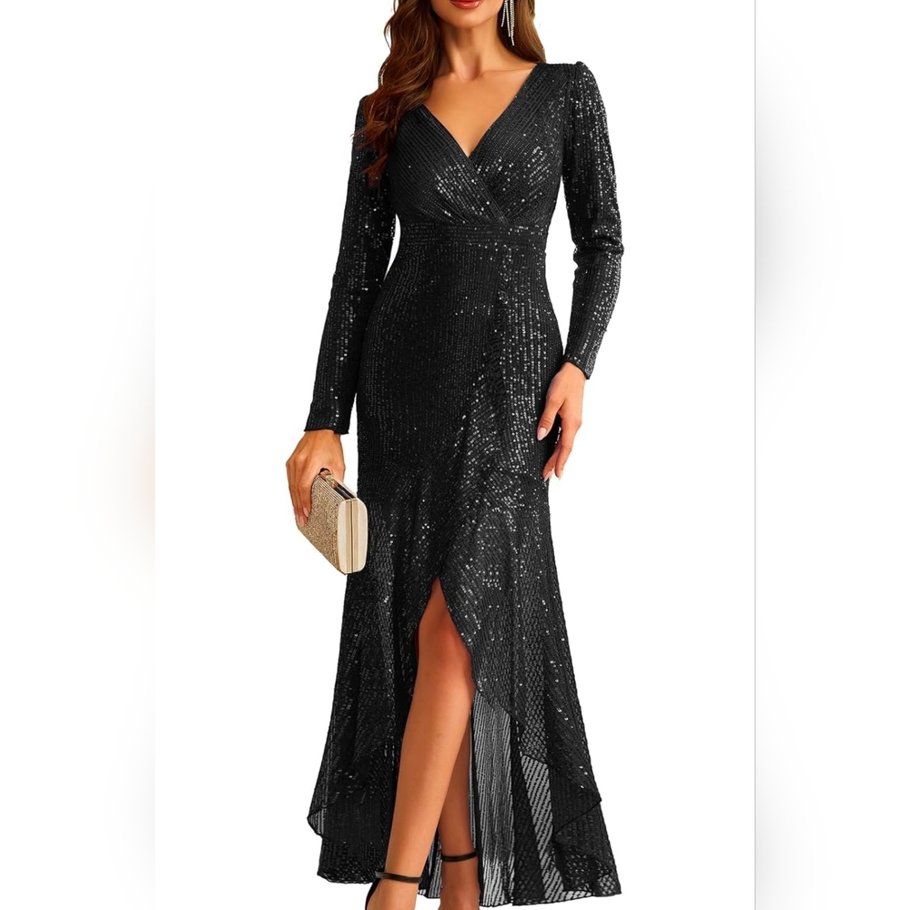 NWT Cooan Black Sequin Long Formal Gown Long Sleeve Size L - Picture 3 of 7